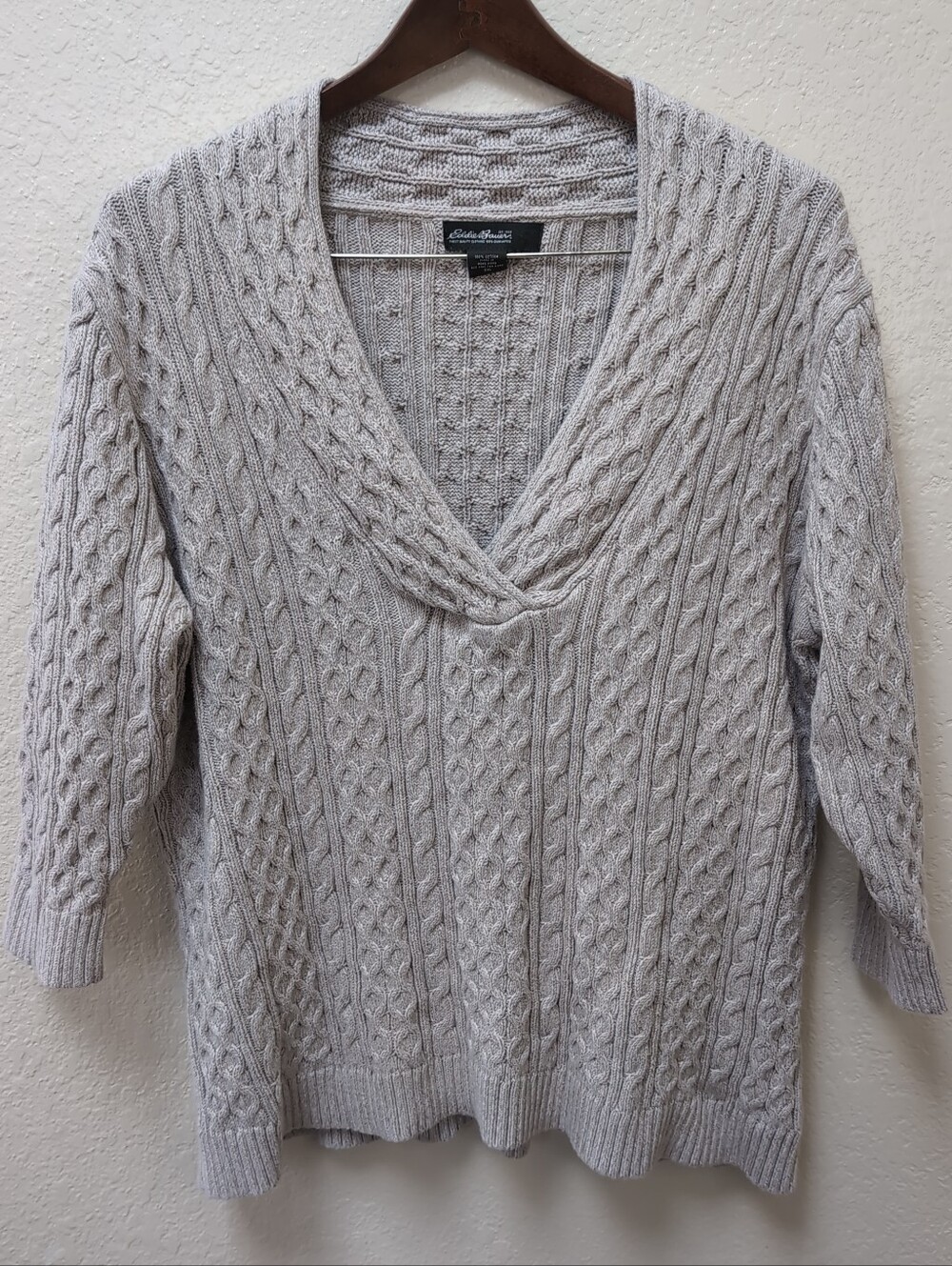 Eddie Bauer Light Gray Cable Knit V Neck 3/4 Sleeve Sweater.100% Cotton.Size XXL